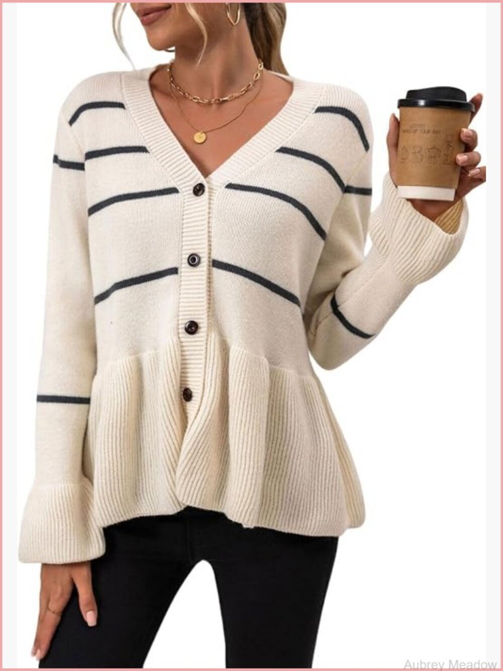 Striped V-Neck Cardigan with Flared Hem - Soft Knit Button Down - Picture 1 of 7